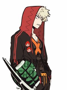 a drawing of a man with red hair and an orange hoodie holding two swords