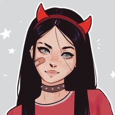 a girl with horns on her head wearing a red shirt and black hair is looking at the camera