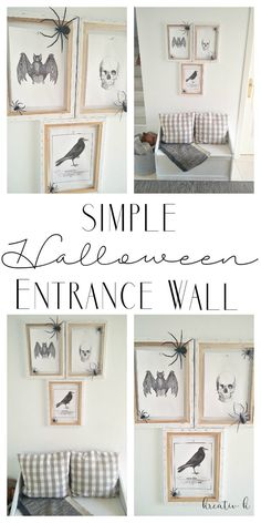 the simple halloween entrance wall is decorated with black and white pictures