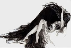 a black and white drawing of a woman with her hair blowing in the wind,