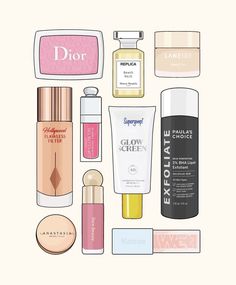 various beauty products are arranged on a white background with the words dior above them