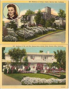 two old postcards showing the front and back of a house with flowers on each side