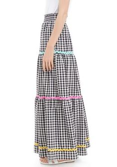 Elevated by an eccentric gingham pattern, this Crown & Ivy skirt is perfect for casual outings. | Crown & Ivy Women's Tiered Ric Rac Maxi Skirt, Large Spring Gingham Tiered Skirt, Spring Gingham Skirt For Day Out, Gingham Skirt For Day Out In Spring, Gingham Tiered Skirt For Spring, Chic Skirt For Spring Picnic, Chic Spring Picnic Skirt, Spring Gingham Skirt, Plaid Long Skirt For Spring, Summer Plaid Flared Skirt