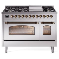 an oven with four burners and two doors on the front, in stainless steel