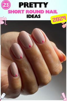 Minimalist short round nails with red dots on a pink base, gel polish, perfect for casual or chic night outs, with a soft pastel and glossy finish. Nails With Red, Pretty Shorts, Red Dots