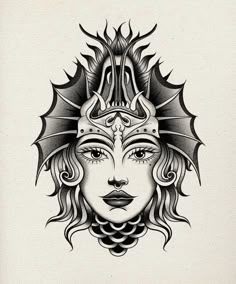 a black and white drawing of a woman's face with horns on her head