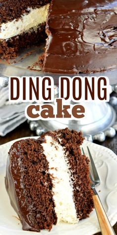 a chocolate cake with white frosting and one slice cut from it on a plate