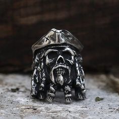 Black Pearl Pirates Stainless Steel Skull Ring | Gthic.com Sugar Skull Ring, Vampire Skull, Sterling Silver Skull Rings, Skull Rings, Pirate Hat, Silver Skull Ring, Viking Ring, Biker Rings, Pirate Hats