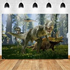 an image of dinosaurs in the forest with trees and grass behind them, on a wall mural