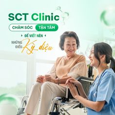 two women in scrubs sitting next to each other on a wheel chair with the caption sct clinic cham soo tan tam