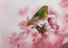 a painting of a green bird perched on a pink flower