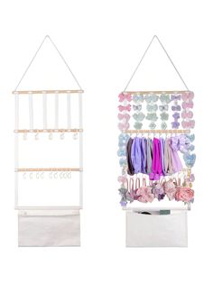 two white racks holding different types of necklaces