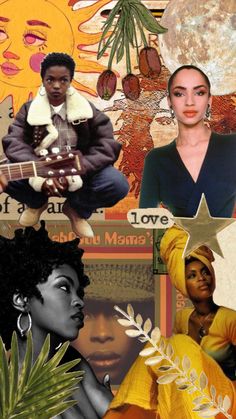 the collage has different images of women and men in them, including one woman with an afro hairstyle