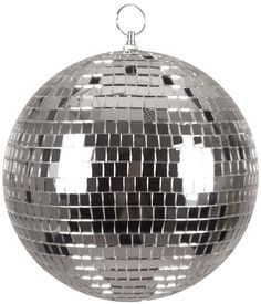 a silver disco ball ornament hanging from a chain on an isolated white background