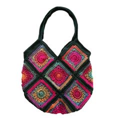 This Beautifully Handmade Crochet Shoulder Bag That Features A Sunburst Boho Design In Black And Multi-Colors. The Bag Has Been Carefully Crafted By Hand, Giving It A Unique And One-Of-A-Kind Quality That Sets It Apart From Mass-Produced Items. The Sunburst Boho Design Is A Popular And Versatile Pattern That Combines Geometric Shapes With A Bohemian Aesthetic. The Black And Multi-Colors Used In This Bag Create A Striking Contrast And Add A Playful Touch To The Design. The Bag Is Perfect For Anyo Everyday Pink Bags With Granny Square Detail, Pink Granny Square Bag For Everyday Use, Pink Square Crochet Bag For Everyday, Square Pink Crochet Everyday Bag, Pink Square Crochet Shoulder Bag, Square Everyday Pink Crochet Bag, Pink Crochet Square Shoulder Bag, Everyday Bohemian Pink Crochet Bag, Everyday Pink Bohemian Crochet Bag