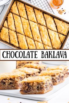 chocolate baklaa is cut into squares and placed on a white tray with the title above it