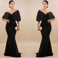 Short Sleeve V-Neck Fitted Waist Maxi Gown. Perfect For All Your Upcoming Black Affaires Events. Make You Feel Like A Celebrity. Fabric Content: 95% Polyester 5% Spandex The Model Is Wearing A Small And Here Are The Measurements. Dress Length : 63" Sizes Recommend: Small ( 2-4 ) Bust: 34” Waist: 27” Hips: 34” Medium ( 6- 8 ) Bust: 35” Waist: 28” Hips: 36” Large ( 10 - 12 ) Bust: 37” Waist: 29” Hips: 38” To Get The Same Length Like The Model Must Be 5’5 And Under. Black V-neck Gala Dress, Black V-neck Maxi Dress For Gala, Black Off-shoulder Maxi Dress With Ruffles, Maxi Gown, A Celebrity, Maxi Gowns, Make You Feel, Dress Length, Feel Like