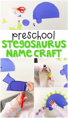 a collage of photos with the words preschool stegosaurs name craft on it