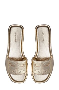 A sleek leather slide accented by Tory's signature double-T logo is ready to upgrade your warm-weather style. Leather upper and lining/rubber sole Imported Tory Burch Slides, Soft Sandals, Gold Sandals, Cute Sandals, High Standards, Footwear Design Women, Designer Sandals, Leather Slides, Dream Shoes