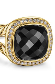 A split shanke is shaped by a signature twist in this 18-karat-gold ring that frames a central stone with a halo of pavé diamonds. 15.5mm square setting Total black onyx weight: 3.35ct. Total malachite weight: 5.4ct. Total Hampton blue topaz weight: 7.61ct. Total citrine weight: 5.5ct. Total malachite weight: 10.65ct. Total turquoise weight: 3.55ct. Total diamond weight: 0.19ct. 18k gold/black onyx, malachite, Hampton blue topaz, citrine, malachite or turquoise/diamond Imported >Diamond Guide Black Onyx Ring David Yurman, Cable Bracelets, Diamond Guide, High Jewelry, David Yurman, Pave Diamonds, Black Onyx, Blue Topaz, Citrine