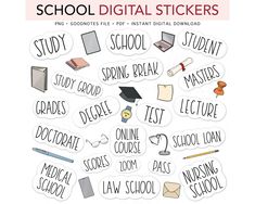 the school digital stickers are shown with words and pictures on them, including books