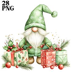 a watercolor painting of a gnome with presents