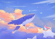 an illustration of a blue whale in the sky with clouds and birds flying around it