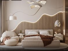 a modern bedroom with white furniture and lighting