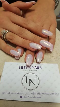 Coffin Nails. Pink Nails. Lillys Nails Maidstone Nail Ideas Shiny, Ballerina Pearl Nails, Iridescent Valentines Nails, Chrome Coffin Nail Ideas, Coffin Pearl Nails, Chrome Coffin Acrylic Nails, Shiny French Tip Nails, Coffin Chrome Nails, Opalescent Nails