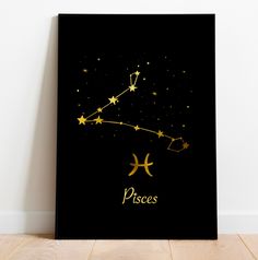 the zodiac sign pisces on a black background with gold stars in the sky