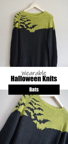 two sweaters with bats on them and the words, wearable halloween knits