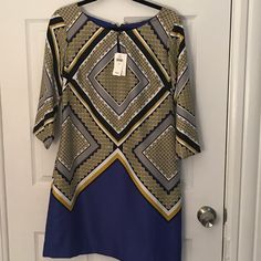 Blue And Gold Mini Modern Geo Printed Dress With 3/4 Sleeves. Size: 10 Nwt Blue 3/4 Sleeve Dress For Fall, Blue 3/4 Sleeve Dresses For Fall, Blue Half Sleeve Dresses For Fall, Silver Silk Dress, White Stripes Band, Leopard Sweater Dress, Bird Print Dress, Geo Print Dress, Lace Dress Boho