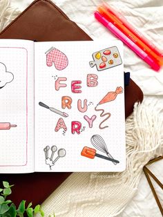 an open notebook with the words february written in cursive writing, surrounded by crayons and markers