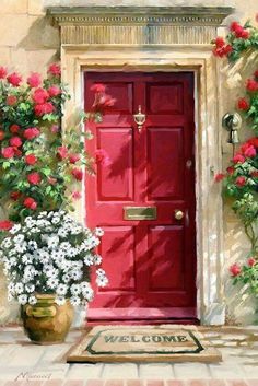 a painting of a red door with flowers and welcome mat on the ground next to it