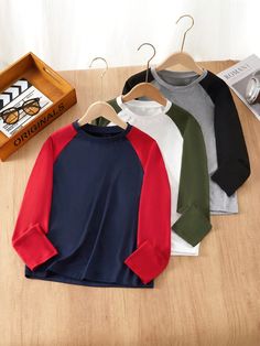 Tween Boy Crew Neck Color Block Long Sleeve Casual T-Shirt, Fall/Spring Multicolor   Long Sleeve Knitted Fabric Plain  Medium Stretch  Tween Boys Clothing, size features are:Bust: ,Length: ,Sleeve Length: Red Cotton T-shirt With Contrast Color, Casual Color Block Raglan Sleeve T-shirt, Casual Color Block Crew Neck T-shirt, Long Sleeve Cotton Tops With Contrast Color, Cotton Long Sleeve Tops With Contrast Color, Color Block Cotton Tops For Fall, Blue Long Sleeve Tops With Contrast Color, Fall Cotton Color Block Tops, Green Color Block Long Sleeve Top