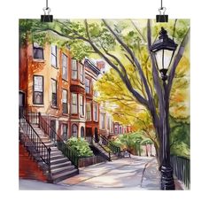 a painting of a city street with buildings and trees on the sidewalk, in front of a lamp post