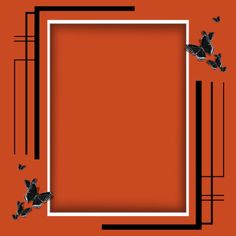 an orange background with some black and white butterflies in the center, as well as a square frame