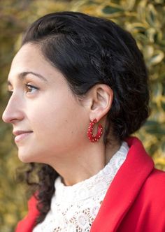 Vintage Studded Red Hoop Earrings, Gold and Black Hoop Post Earrings, Blue Lucite Jewelry, Red Earri Red Hoop Earrings, Lucite Jewelry, Holiday Costumes, Hoop Earrings Gold, Red Earrings, Earrings Blue, Girls Rock, Gold Studs, Earrings Gold