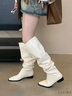 Lasaky - Classic Silver Pointed Toe Slouch Flat Knee High Boots Casual Martin Boots With Pointed Toe, Casual Square Toe Martin Boots For Fall, Casual Fitted Martin Boots With Pointed Toe, Casual Martin Boots With Square Toe For Fall, Casual Fitted Martin Boots For Spring, Casual White Leather Knee-high Boots, Casual White Knee-high Boots With Round Toe, Casual Martin Boots With Square Toe For Winter, Casual White Knee-high Boots For Spring