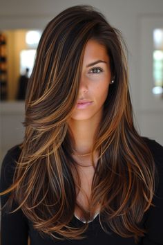 Discover 30 stunning fall hair colors, from rusty red to deep teal, perfect for adding warmth and style to your look this season. Brown With Carmel Hilights, Quarter Head Highlights, Long Bangstyle Hair 2020, Summer 2024 Hair, California Brunette Hair, California Brunette, Rambut Brunette, Brunette Hair With Highlights