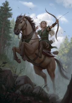 a woman riding on the back of a brown horse next to a lush green forest