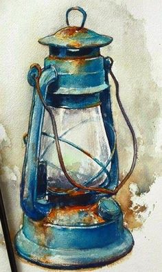 a painting of a blue lantern with a black pen on it and watercolor paper