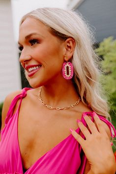 - These trendy new earring are the perfect accessory for a stylish look of your next vacay! - Dangling gold hoops with fringe detail - Length: 2 inches Hot Pink Bride Earrings, Vibrant Pink Earrings For The Beach, Cheap Vibrant Pink Earrings, Hot Pink Statement Earrings, Hot Pink Earrings Stone, Fun Memories, Gold Hoops, Women Clothing Boutique, In Hot