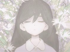 a girl with long black hair standing in front of a floral wallpaper and holding her eyes closed