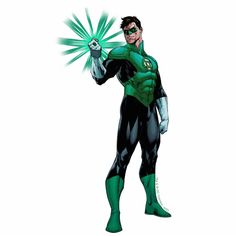 the green lantern is standing with his arms out and holding something in one hand, while wearing