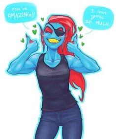 an image of a woman with red hair and blue makeup holding her hands up to her face