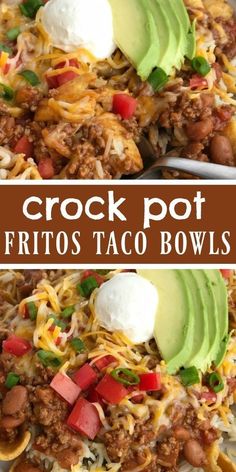 crock pot fritos taco bowls with avocado and sour cream on top