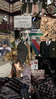 a collage of photos with people, books and other things in them that are all over the place