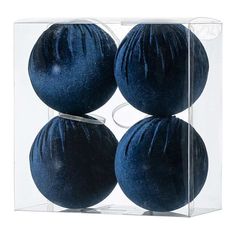 three dark blue balls in a clear box