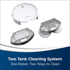 two robotic vacuums and one robot, with the words two tank cleaning system on it